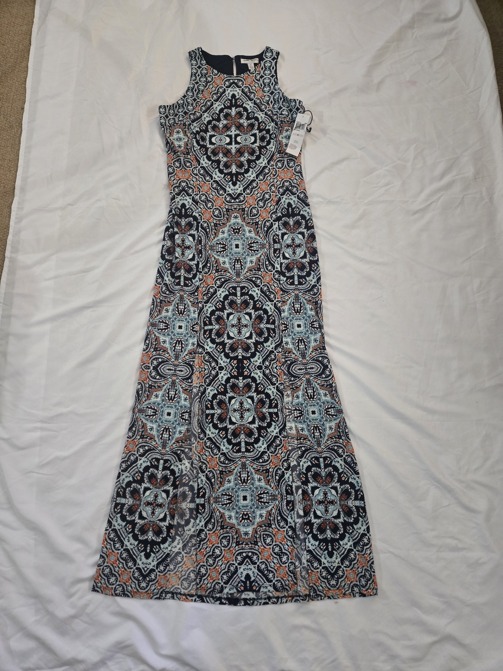 London Style Sleeveless Maxi Dress - Navy, Coral & Light Blue Medallion Print